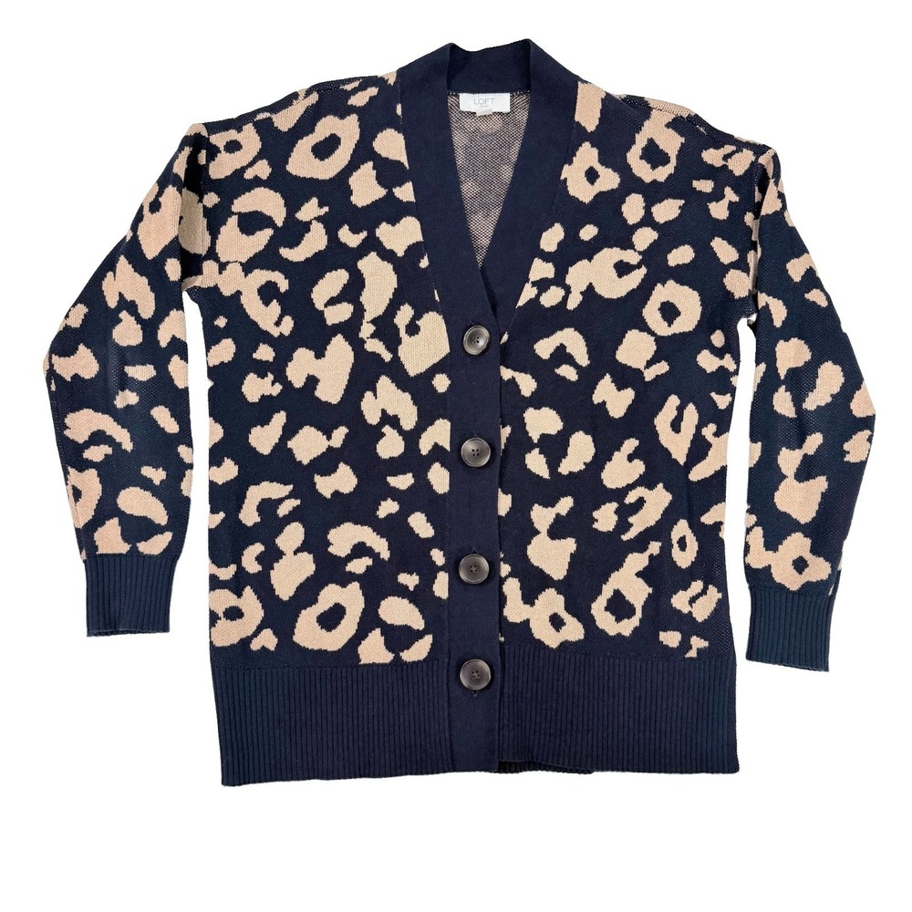 LOFT Leopard Cardigan Sweater Small Navy Tan Animal Print Button Front Preppy